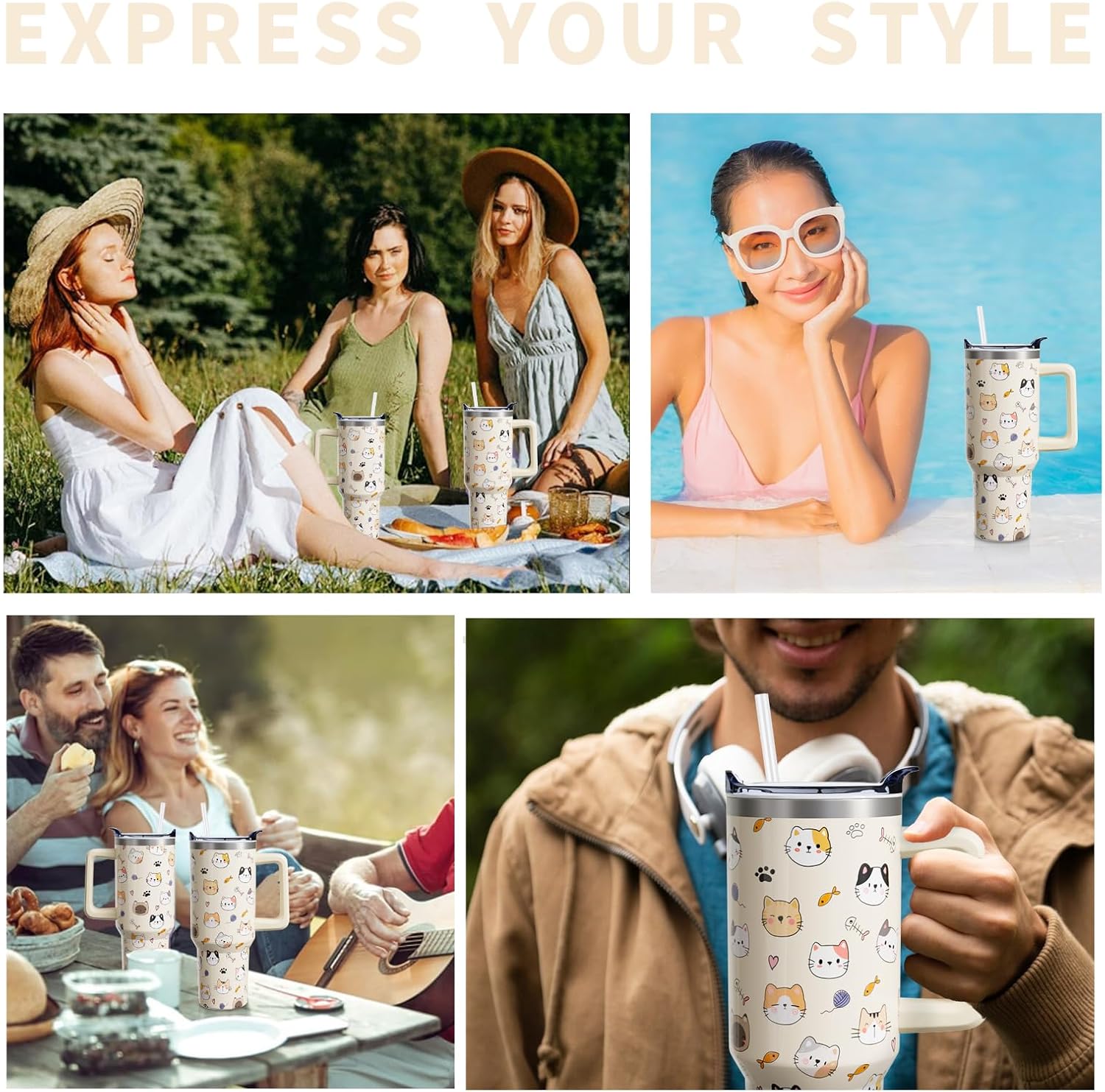 Cat Gifts Cup for Women Girls, 40oz Tumbler with Handle and Straw Lid, Cute Cats Lover Stainless Steel Insulated Water Bottle Mug (1PC) - Image 7