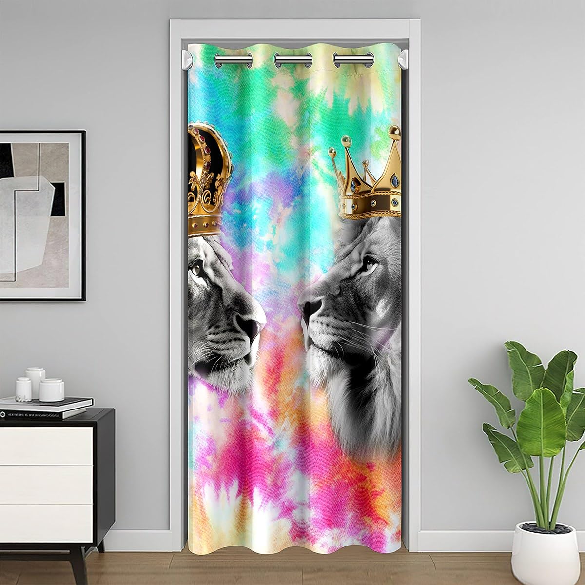 richhome Abstract Lion Door Curtain 60" W X 80" L Colorful Tie Dye Graffiti Decor Doorway Curtain Privacy for Kids Teens Adults Gold Crown Wild Jungle Animals Door Drape for Bedroom Closet Door
