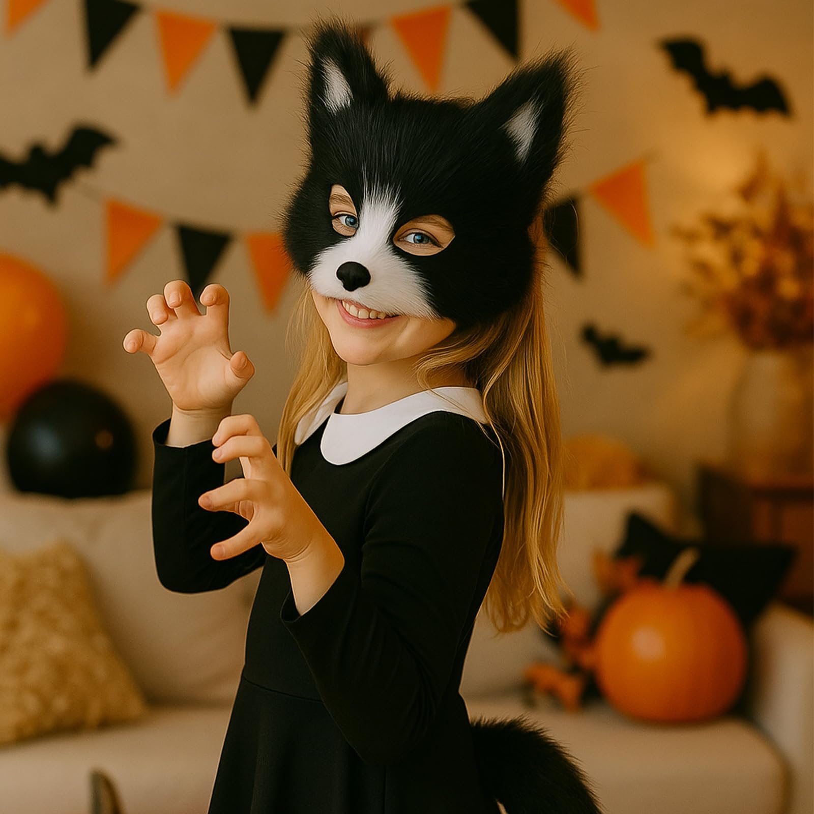Yoolhamy Fox furry Tail Cat Wolf Cosplay Plush Mask Paw Gloves Set Faux Fur Costume for Halloween Book Day, Role Play (Black, One Size) - Image 2