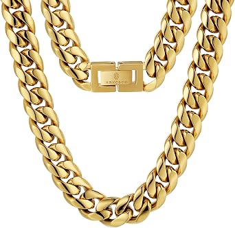 KRKC&CO Cuban Link Chain, 18K Gold Plated, Men's Gold Chain Men's Necklace Chains, 8mm 10mm 12mm Hip Pop Miami Cuban Chain Thick Curb Chains