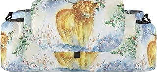 CUPADA Watercolor Highland Cow Winter Universal Stroller Organizer, Tree Animal Stroller Organizer Bag with Cup Holders Removable Shoulder Strap Fits Most Baby and Pet Strollers