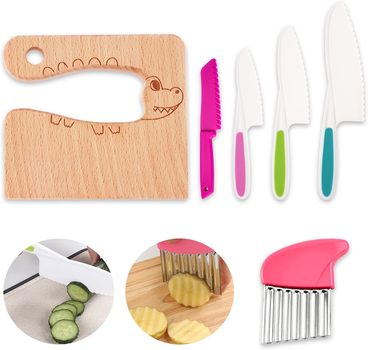 6 Pieces Wooden Kids Knifes for Real Cooking Include Toddler Knife Potato Slicers, Wood Kids Safe Knives Plastic Cooking Kitchen Tools Serrated Edges for Kids Kitchen (Crocodile)