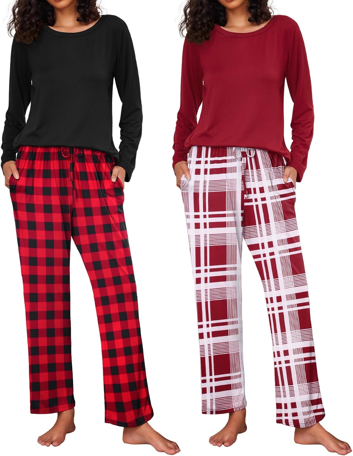 Ekouaer 2 Pack Women's Pajama Set Soft Long Sleeve Sleepwear Loungewear Pjs Sets with Pockets S-XXL
