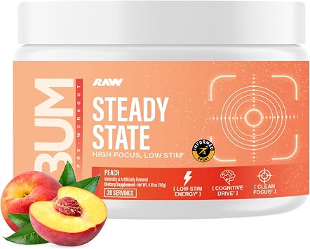 RAW Steady State Low Stim Nootropic Pre Workout Powder for Men & Women - Low Stimulant Neuopathy Supplement for Energy & Focus - No Jitters or Tingles - Natural Extended Release Caffeine - 20 Servings