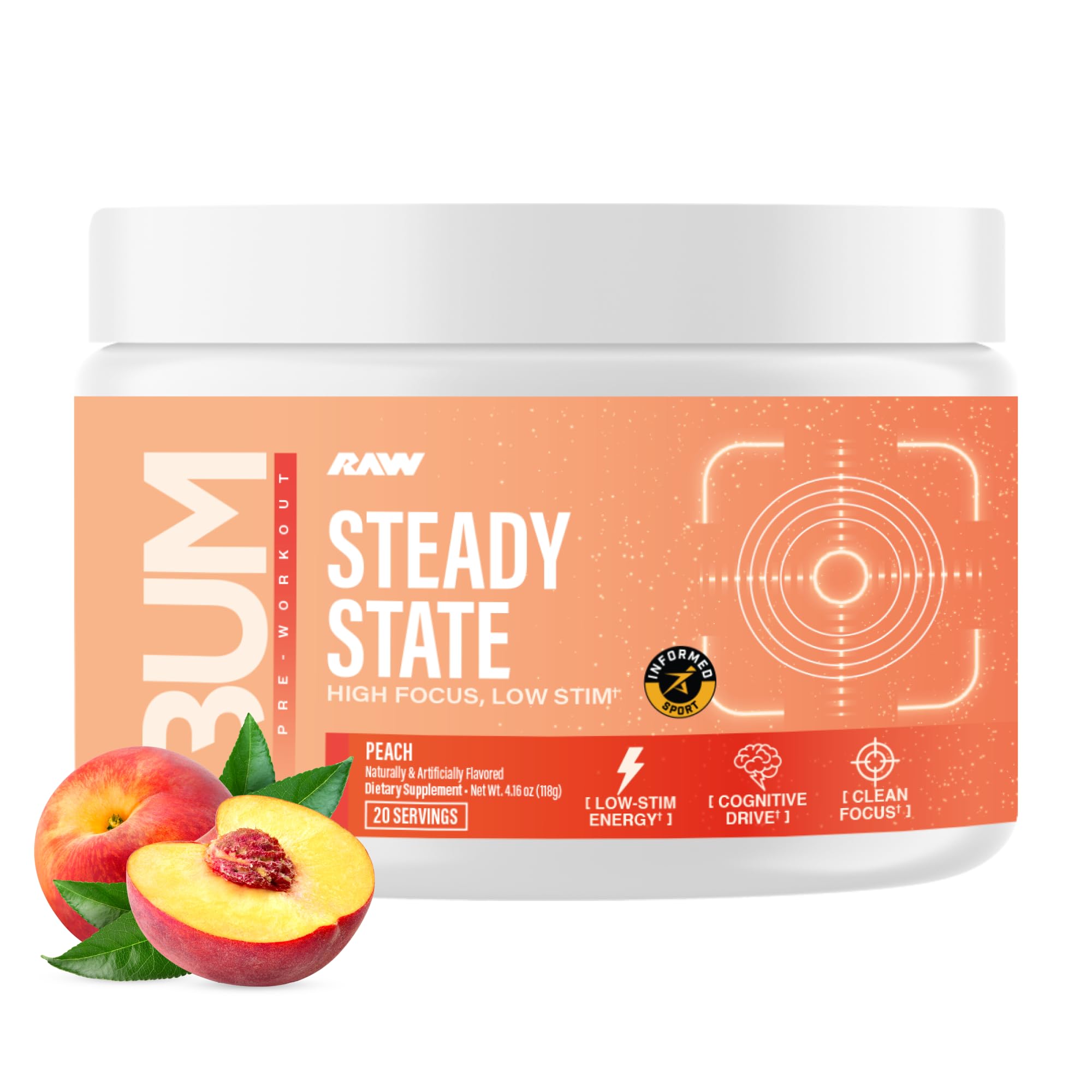 RAW Steady State Low Stim Nootropic Pre Workout Powder for Men & Women - Low Stimulant Neuopathy Supplement for Energy & Focus - No Jitters or Tingles - Natural