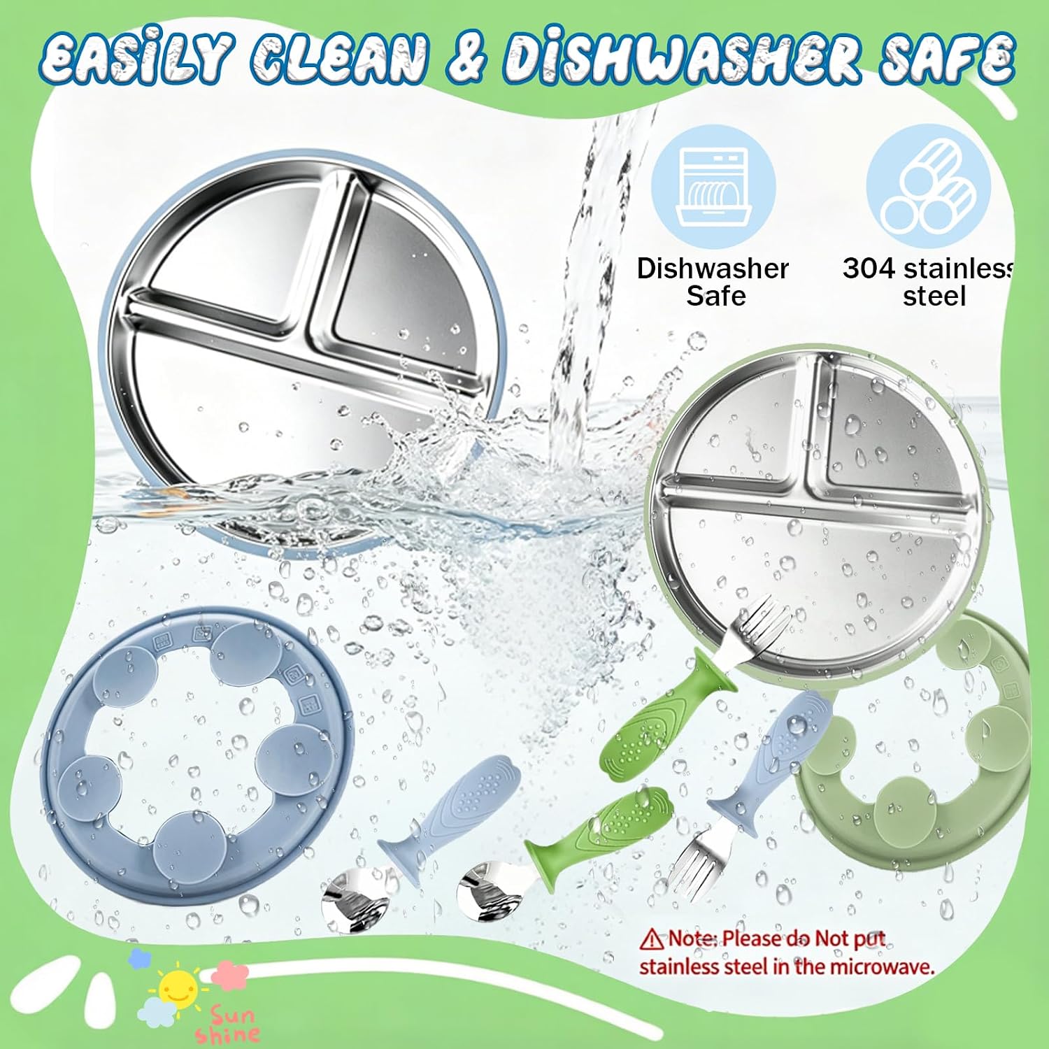 Stainless Steel Baby Feeding Set, 2 Set Toddler Utensils Baby Feeding Set, 2 Pack Divided Plates with 2 Pack Silicone Spoon and Fork, BPA-Free Weaning Tableware for Self-Feeding