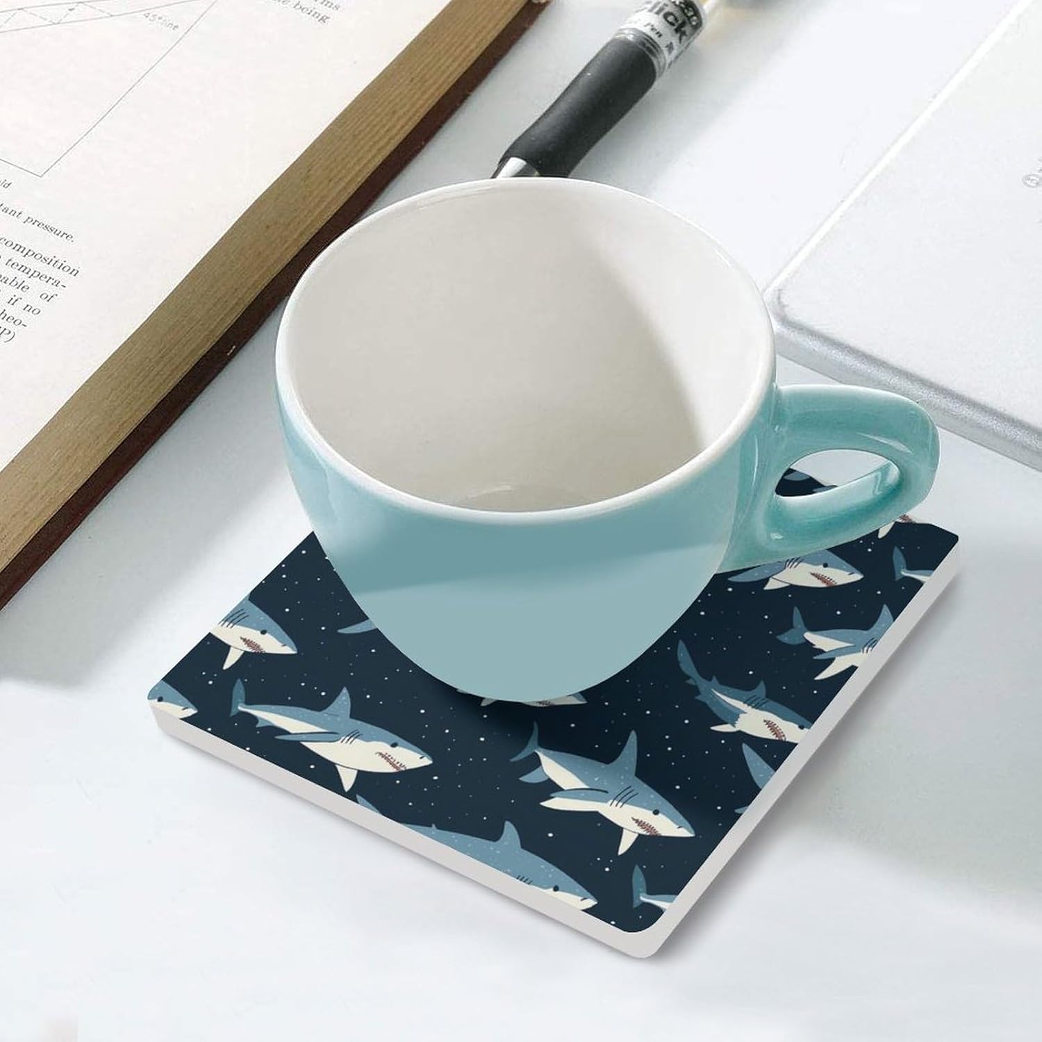 Dark Blue Sharks Funny Ceramic Coasters for Drinks Absorbent Cup Holder Tabletop Protector with Cork Base