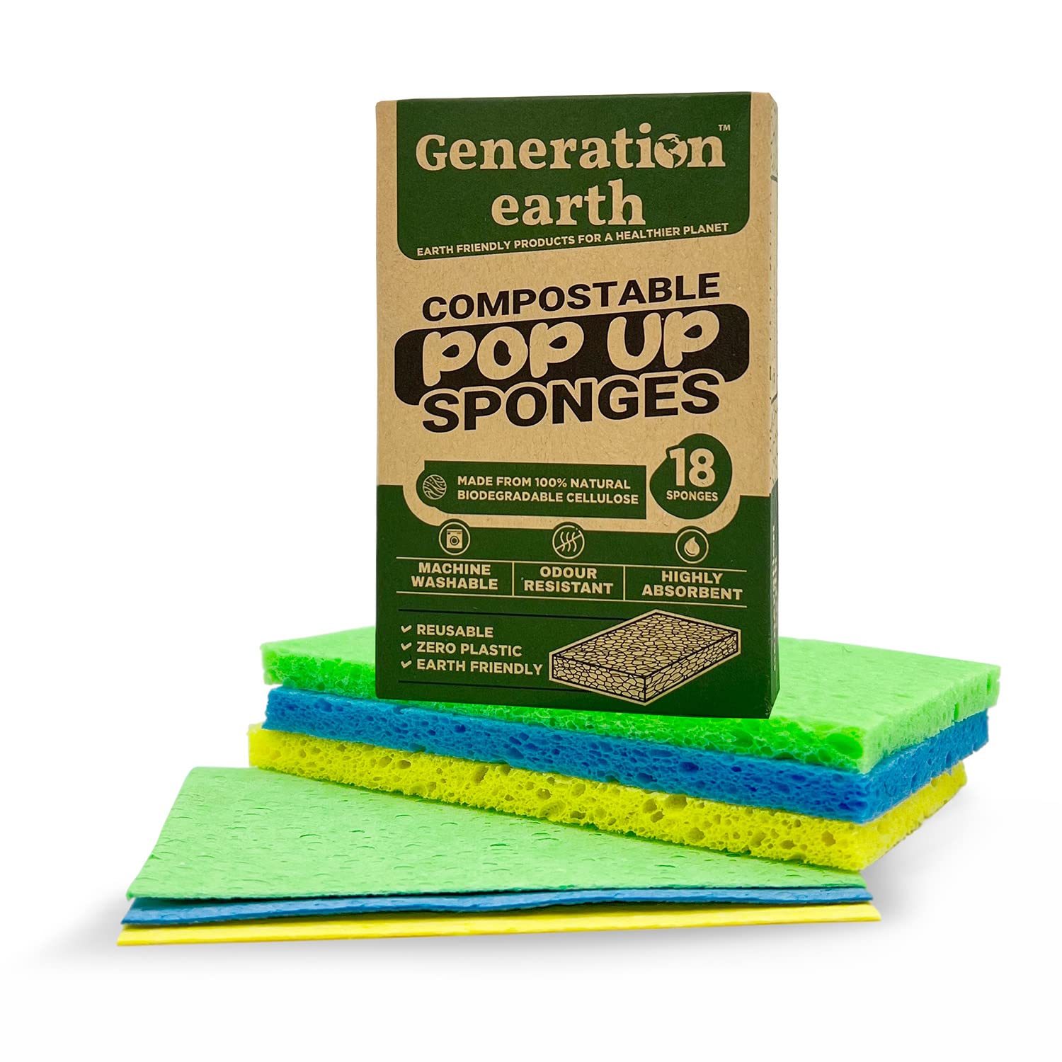 18pcs 'POP-UP' Washing Up Sponges | Compostable POP UP Sponges | Eco Washing Up Sponge | Eco Sponges Washing Up | Eco Kitchen | Cellulose Sponge | Eco Cleaning Products | Generation earth - UK Seller