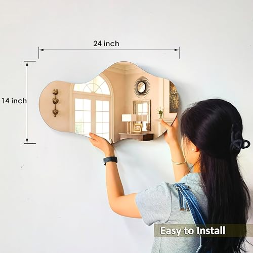 Miniatura 6 de Espejo pequeño moderno para decoración de pared de 14 x 24 pulgadas, asimétrico, ondulado, irregular, espejo de pared horizontal sin marco, espejos
