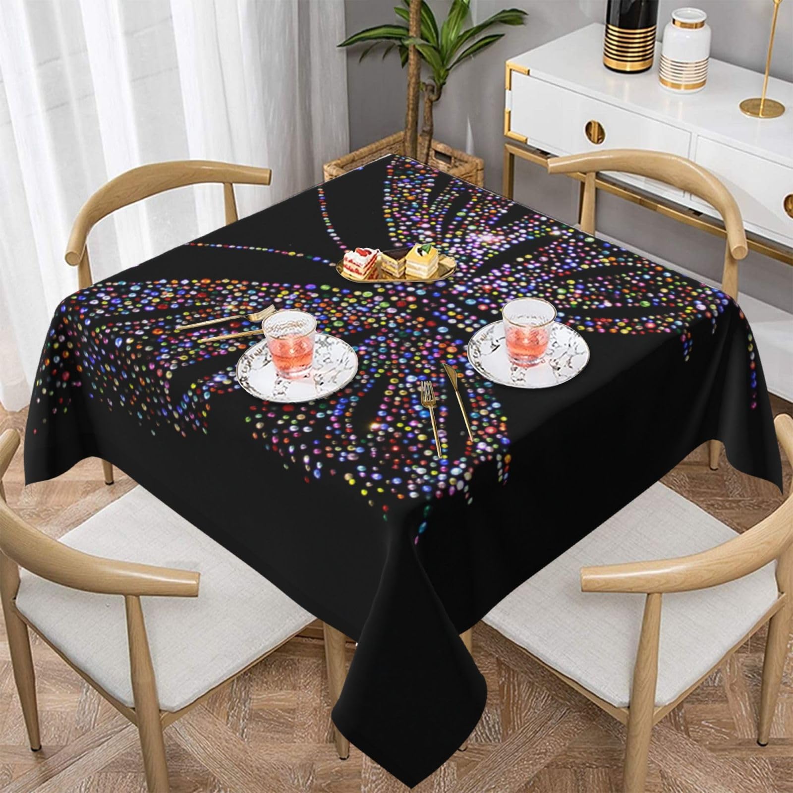 DCEHGEW Rhinestone butterfly Prints Square Tablecloth 152x152 CM, Waterproof Fabric Table Cloth for Dining Table, Farmhouse Table Cover for Kitchen Dining Tabletop Decoration