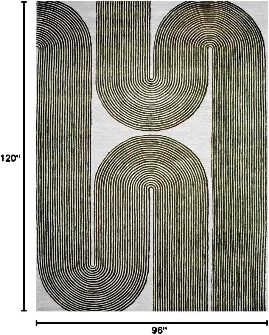 Modern Handmade Wool Area Rug, Abstract Curved Line Geometric Carpet for Living Room Bedroom, Contemporary Tufted Indoor Rug with Soft Pile and Cotton Backing (Olive, 5' x 8')