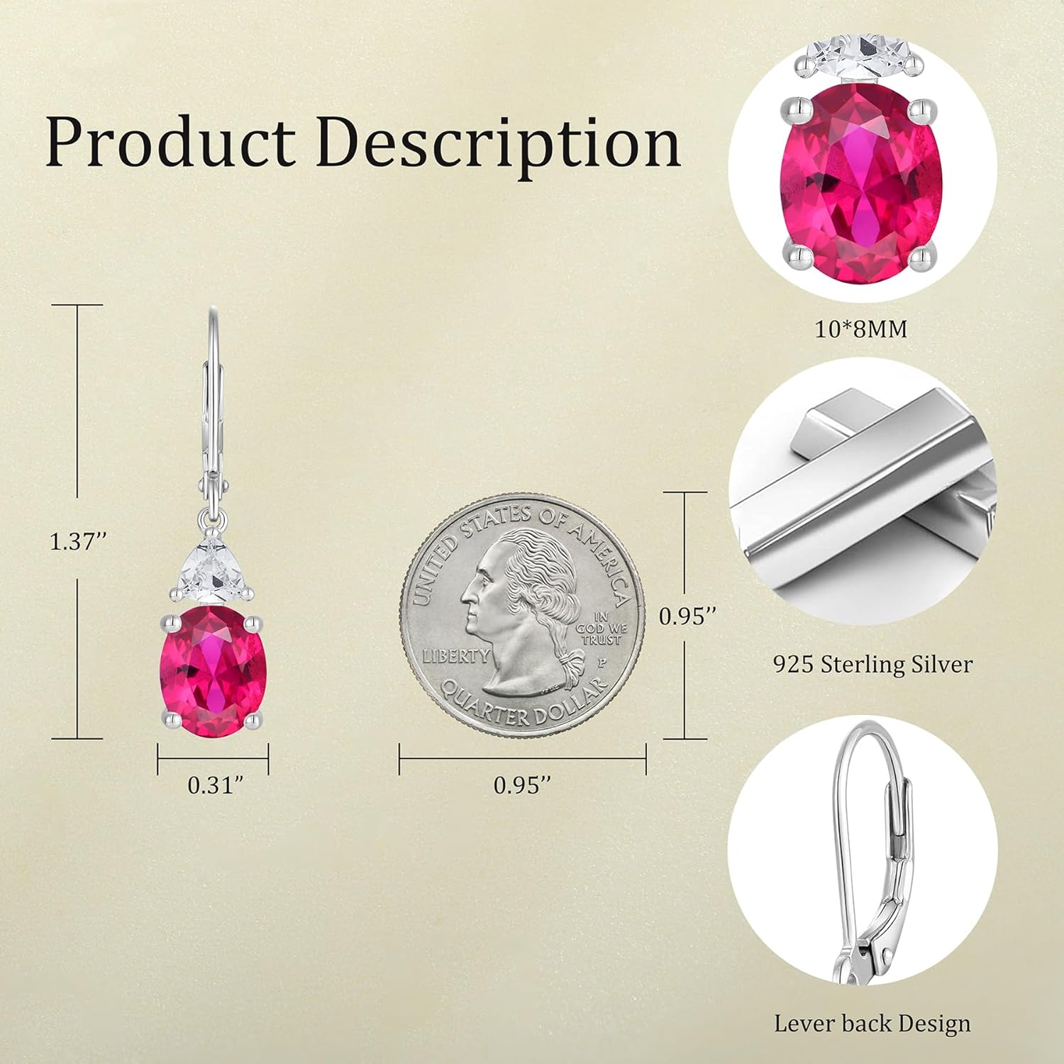 JO WISDOM Women Dangle Earrings,925 Sterling Silver Birthstone Leverback Earrings with 8 * 10mm Valentines Day Gifts for Her Jewelry Mothers Day Christmas Gifts for Women