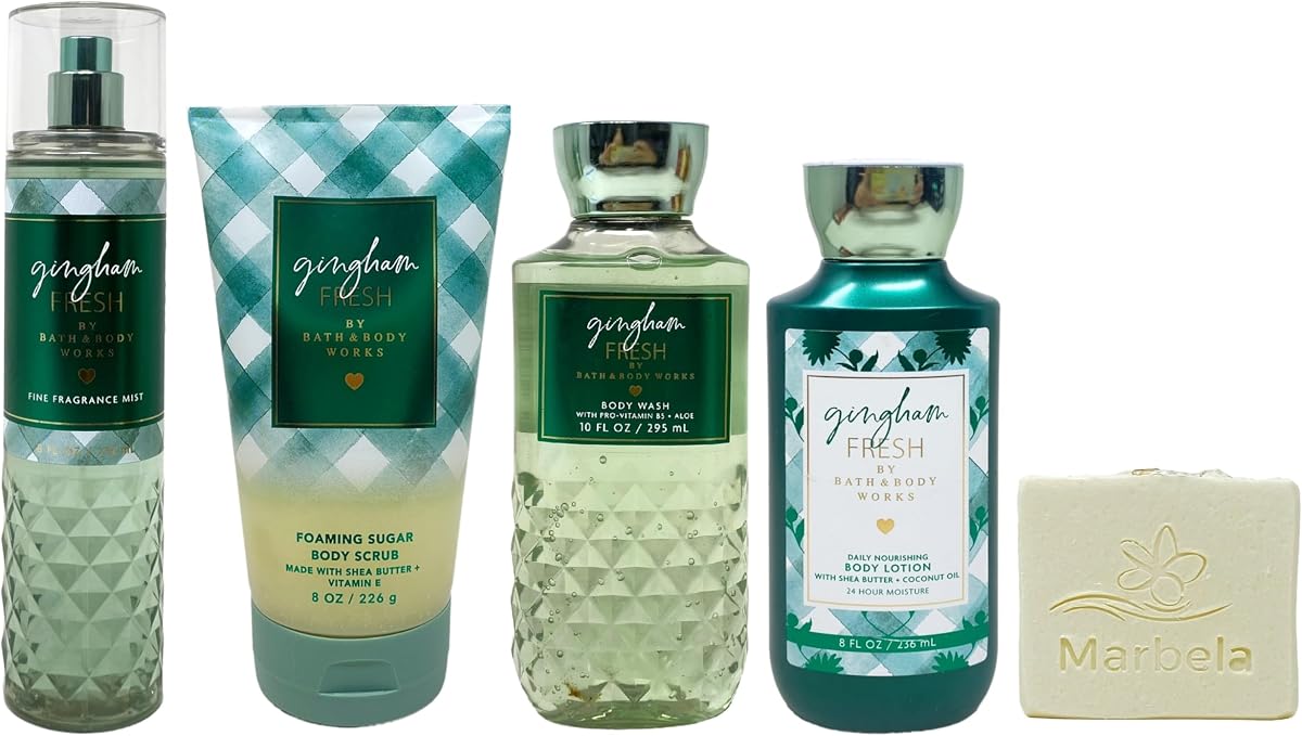 Bath & Body Works Gingham Fresh Set de regalo de 4 piezas – Niebla aromática, exfoliante corporal, gel de baño y loción corporal – con jabón de barra de avena natural – Tamaño completo
