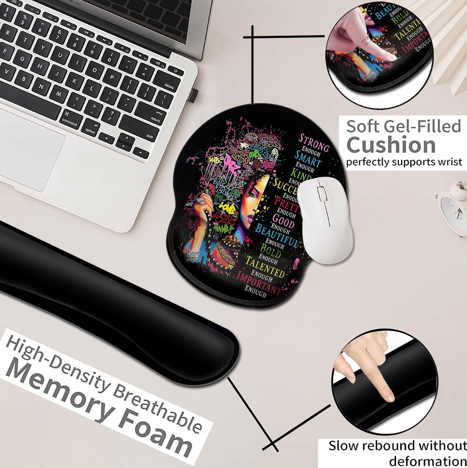 Ergonomic Mouse Pad with Wrist Support Gel, Comfortable Wireless Mouse pad, Pain Relief Mousepad with Non-Slip Rubber Base, African American Woman Black Women Inspirational Office Accessories