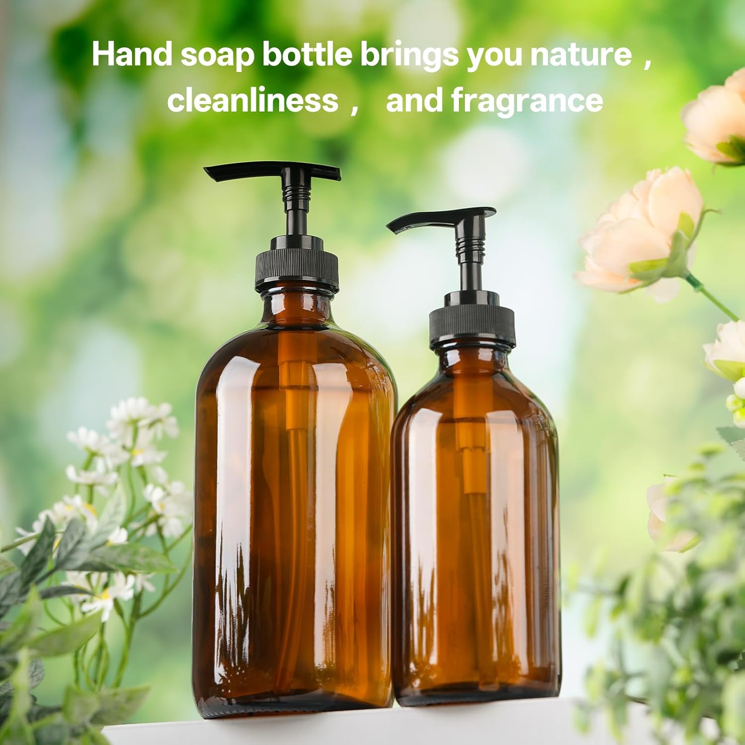 Vitreaux 16oz Amber Glass Soap Dispenser, 2 Pack Refillable Hand Soap Dispenser with Leak-Proof Pump, Brown Glass Bottle for Kitchen & Bathroom,Dish Soap, Lotion, Shampoo, Conditioner, Body Wash - Image 5