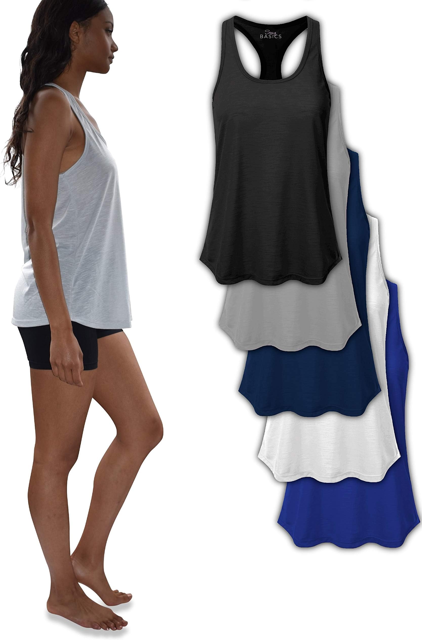 Sexy BasicsWomen's 5 Pack Everyday Flowy Burnout Racer Back Active Workout Tank Tops