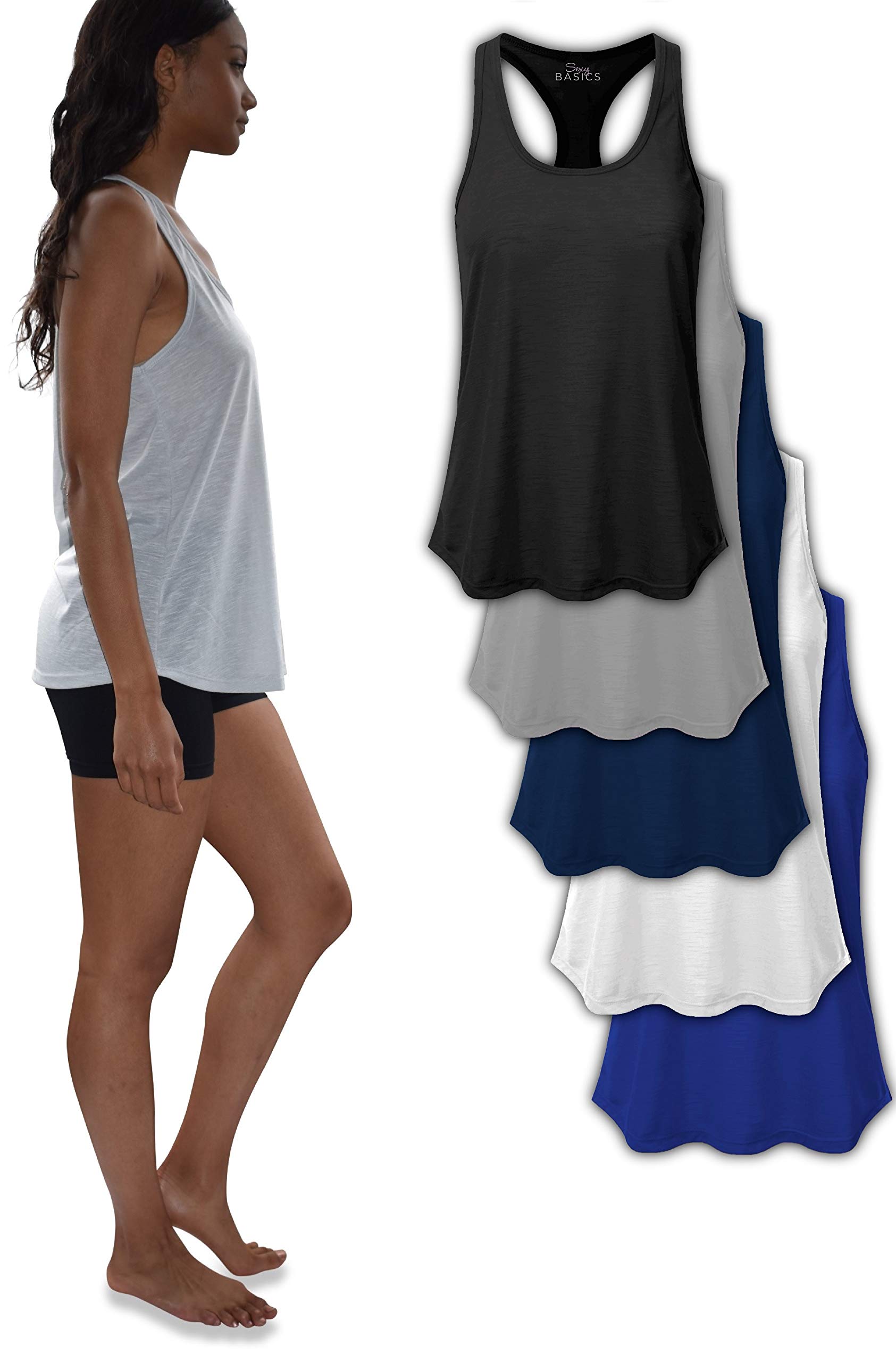Sexy BasicsWomen's 5 Pack Everyday Flowy Burnout Racer Back Active Workout Tank Tops
