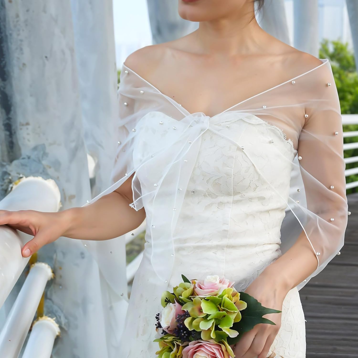 Pearl Sheer Shawl, White Pearl Shawl Soft Tulle Bridal Cape Wedding Scarf Lightweight Women Dress Topper for Evening Dresses Wedding, Formal Party - Image 4