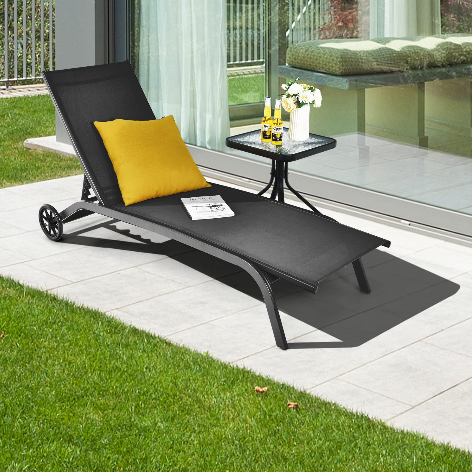 GIANTEX Lettino Prendisole con Ruote, Sedia a Sdraio Regolabile in 6 Posizioni per Giardino, Balcone e Piscina, Portata fino a 150 kg, 191 x 61 cm, 3 Colori (Nero)