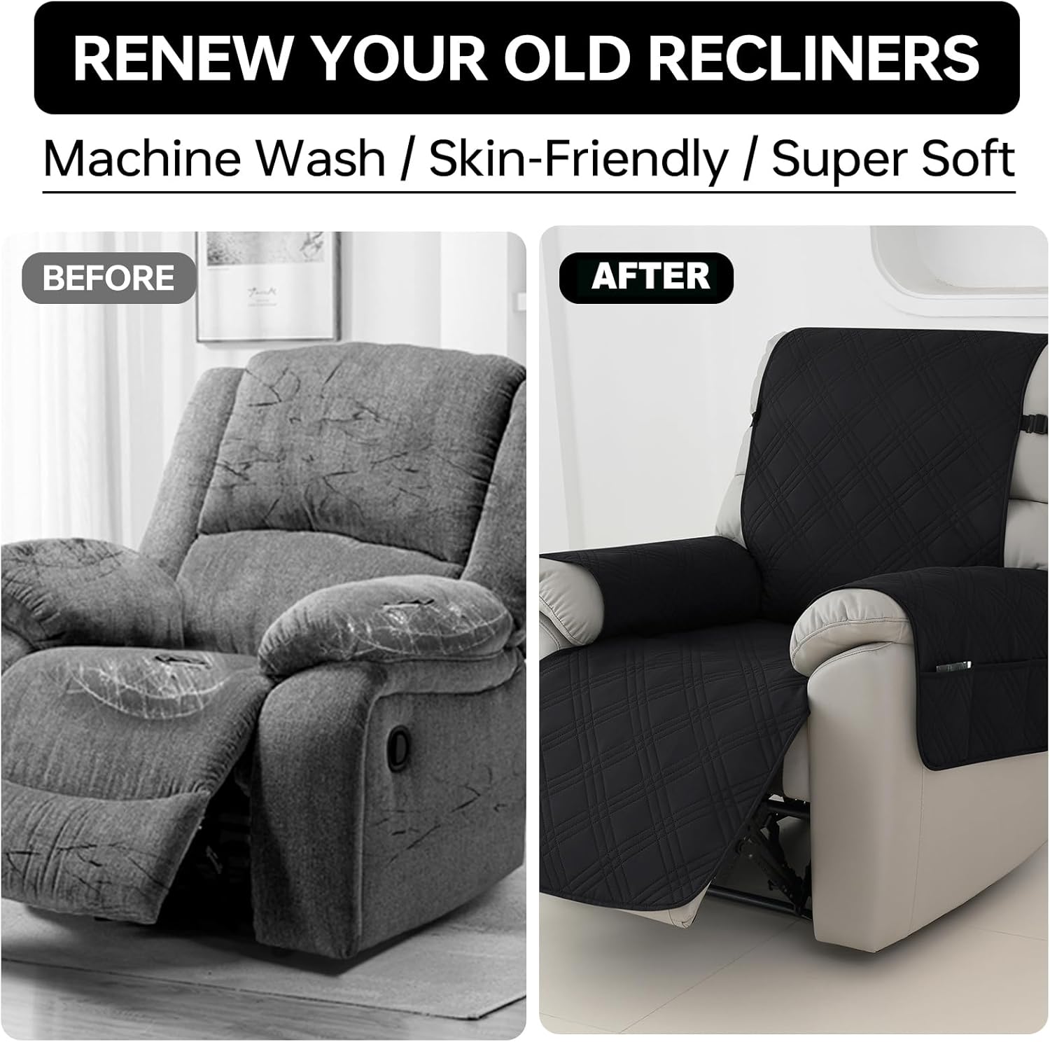 Deisy Dee Waterproof Recliner Chair Covers with Storage Pocket - Extend Sofa Life, Comfortable & Washable, Available in 10 Colors (Black, 24.8 ")