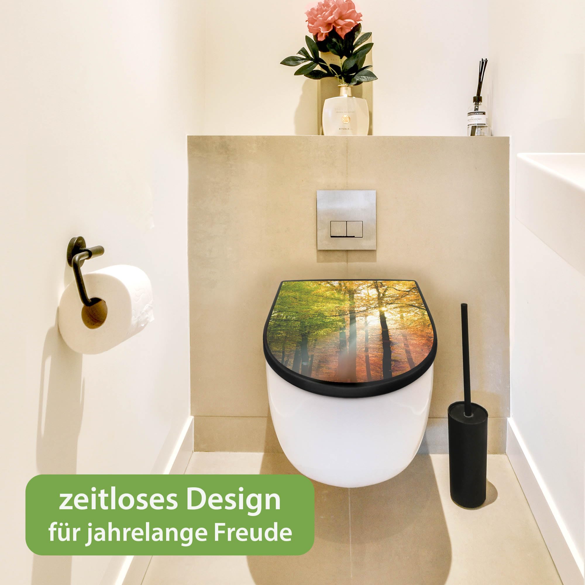 banjado WC Sitz mit Absenkautomatik D Form - Toilettendeckel mit Absenkautomatik D Form - Klodeckel Softclose - stabile Klobrille - Toilettensitz Schwarz - Motiv Herbstwald
