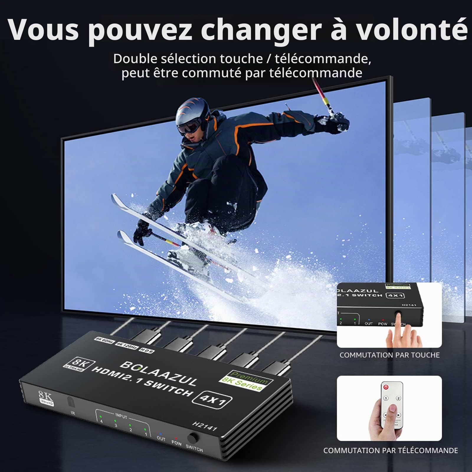 BolAAzuL Switch HDMI 4K 120Hz 4 Entrées 1 Sortie Commutateur HDMI 2.1 Multiprise HDM I 4 in 1 Out Splitter Switcher Hub avec Télécommande Supporte 8K@60Hz 2K@144Hz HDR 48Gbps pour TV Xbox Series X PS5