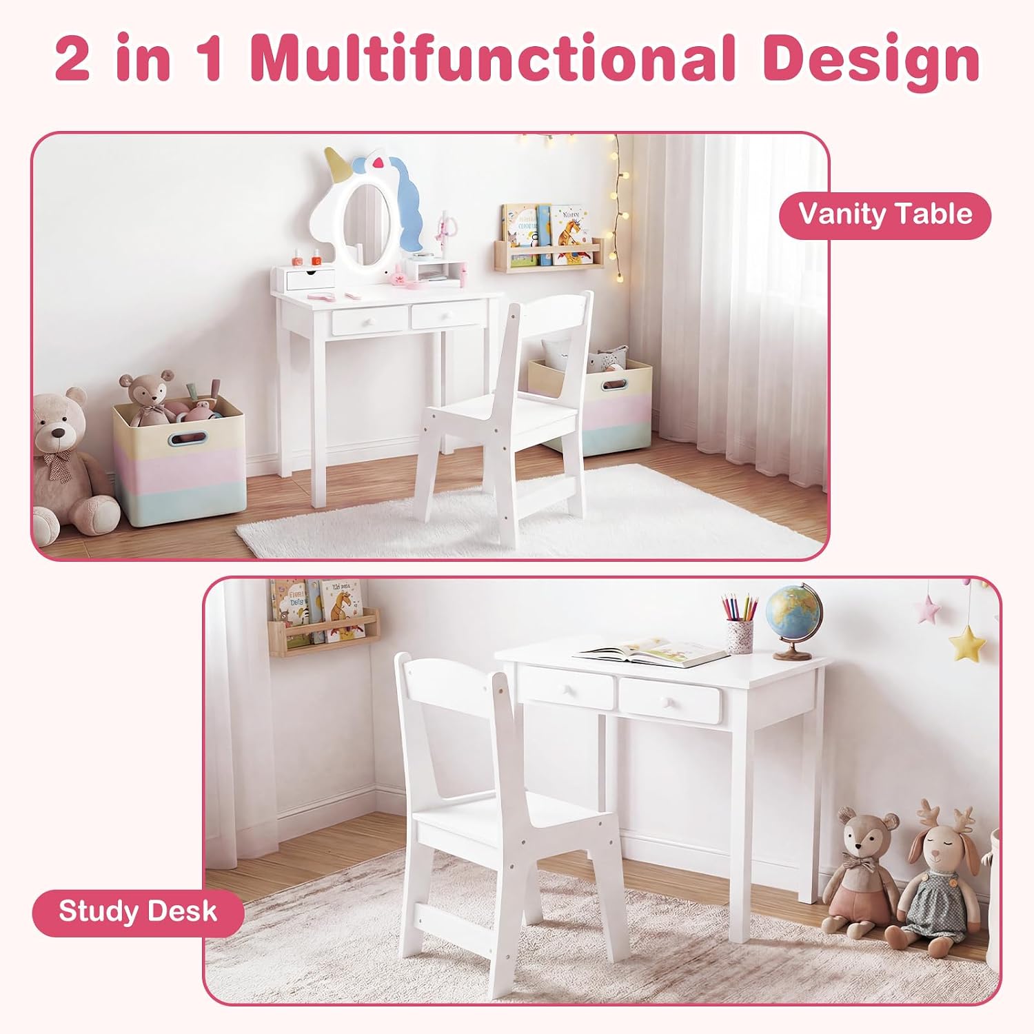 Olakids Kids Vanity with Lights, Princess Makeup Dressing Desk with Jewelry Hanger, Mirror, Storage Drawers, Toy Accessories, Toddler Table and Chair Set Pretend Playset for Girls Aged 3-6 (White)