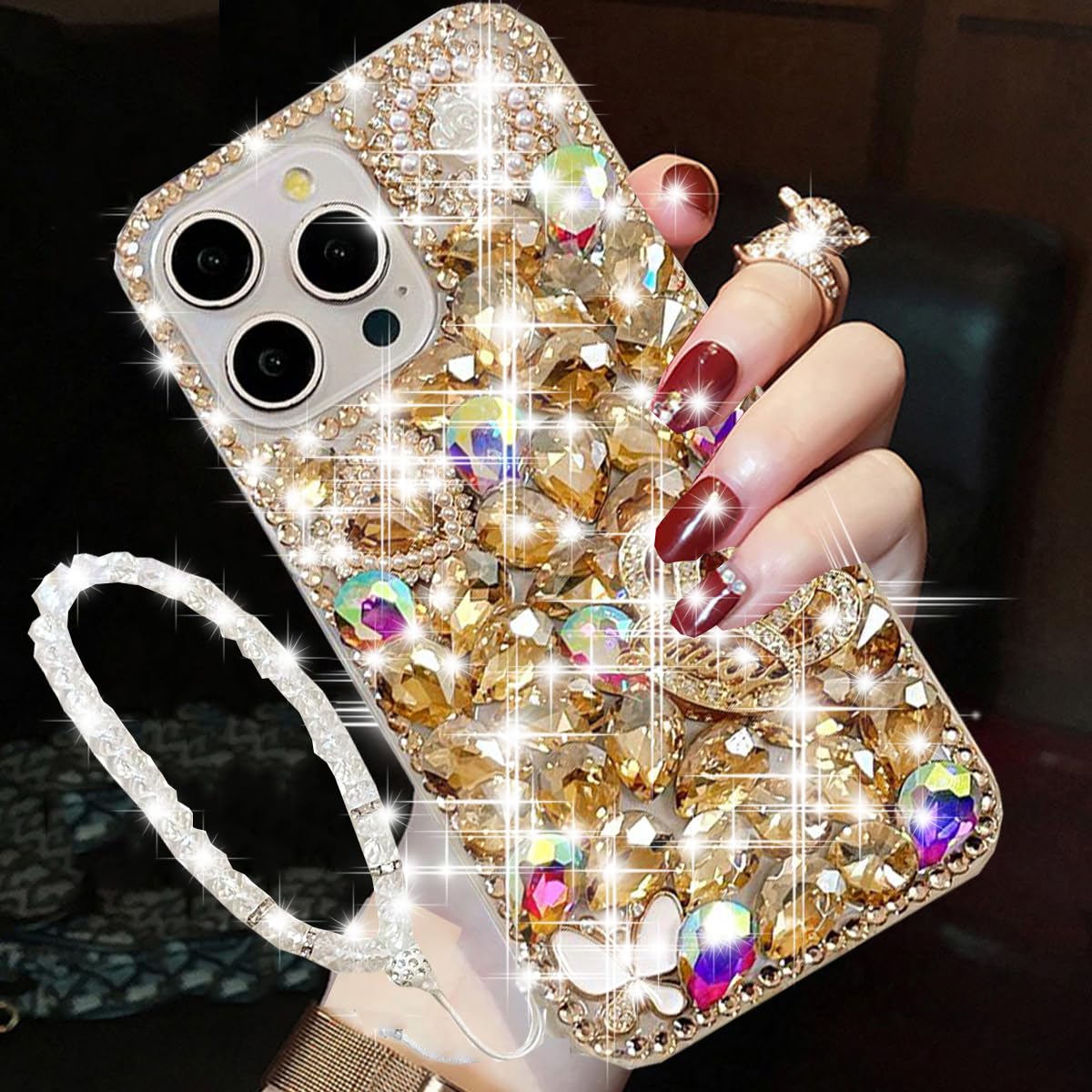 Changjia for iPhone 16 Pro Glitter Bling Case,Cute Luxury 3D Sparkle Crown Crystal Rhinestones Diamond Gemstones Pearl with Lanyard Wrist Strap Women