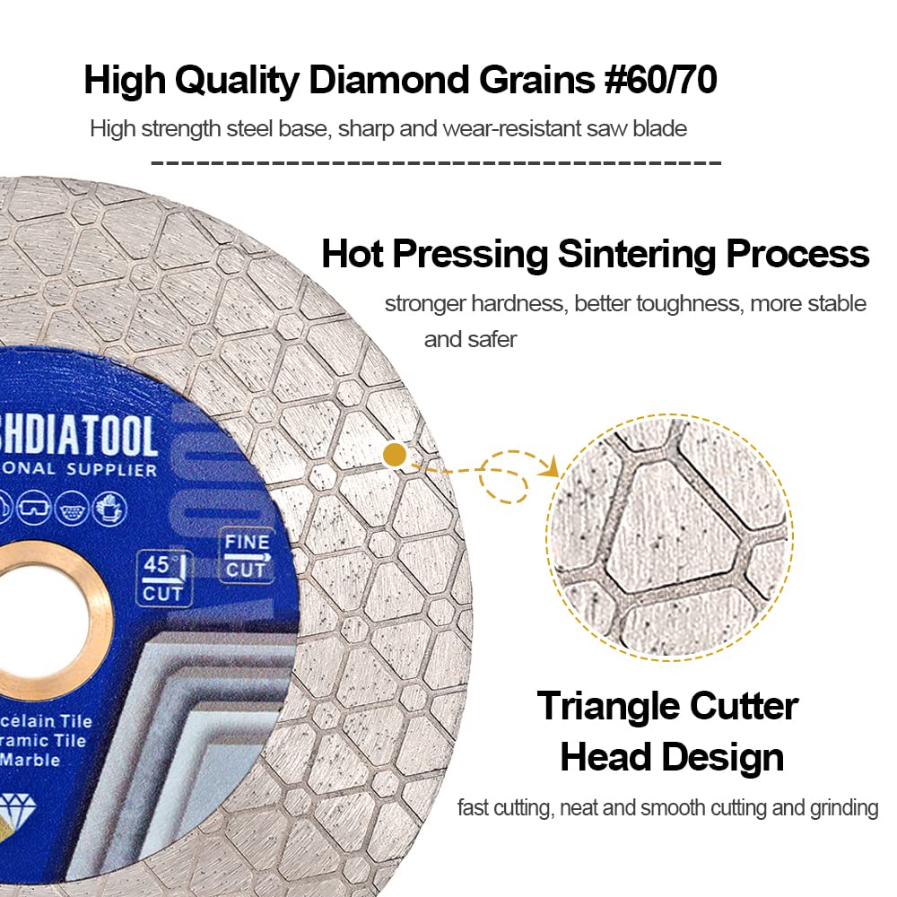 SHDIATOOL Diamond Saw Blade Disco de corte de azulejos 115mm Triángulos Forma de corte y molienda de porcelana azulejos de granito mármol cerámica mampostería, 3pcs