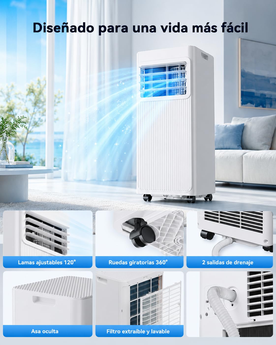 Aire Acondicionado Portátil 7000 BTU, Climatizador 4 en 1 (Frío, Ventilador, Deshumidificador 19L/D, Noche), Bajo Consumo, Silencioso, Temporizador 24H, Mando, Kit de Ventana Incluido, Blanco
