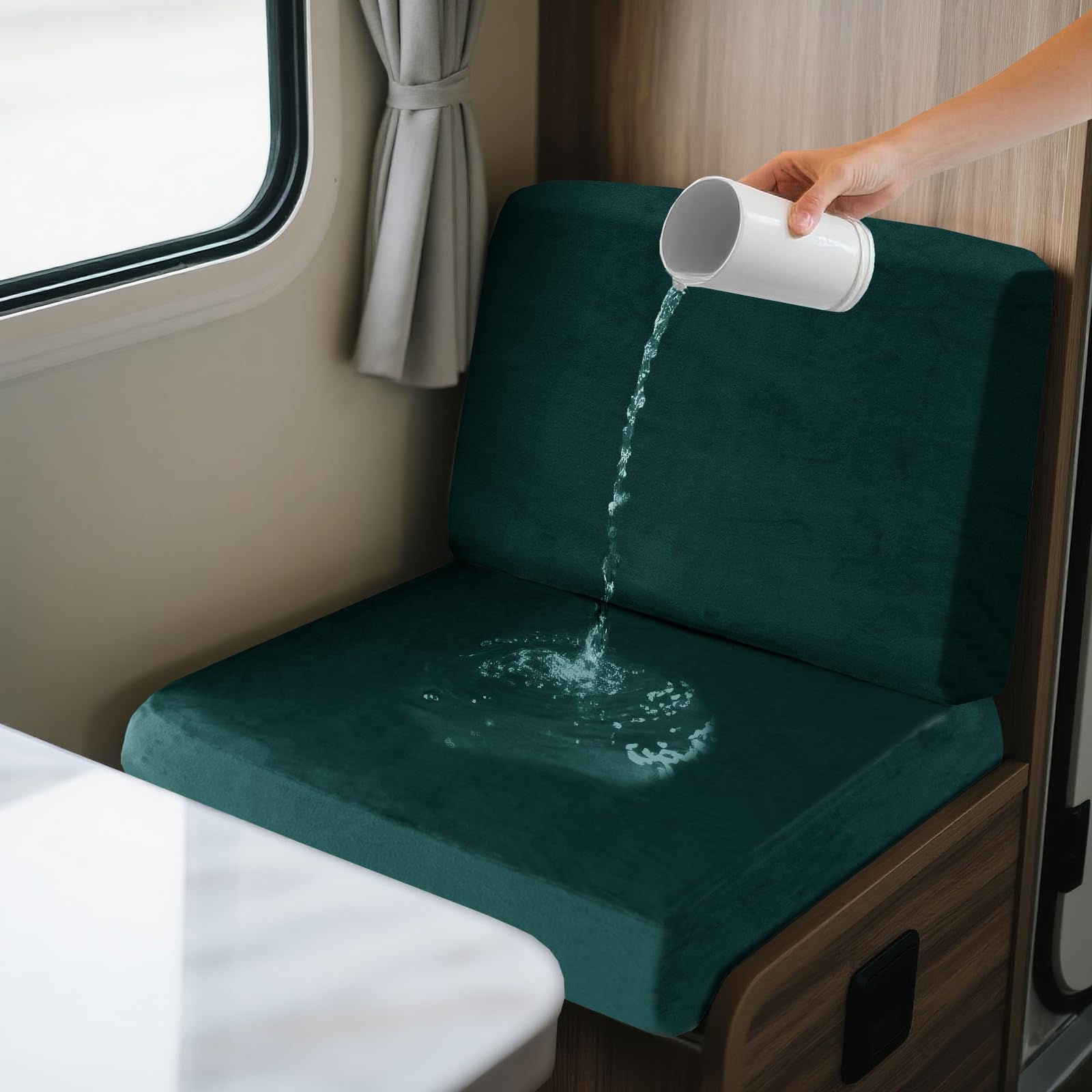 SYLC 2 Piece Waterproof Caravan Seat Covers and Backrest Cover, Non-slip Motorhome Dinette Cushion Covers with Ties, Stretch Campervan Seat Covers Velvet (Teal,Square S)