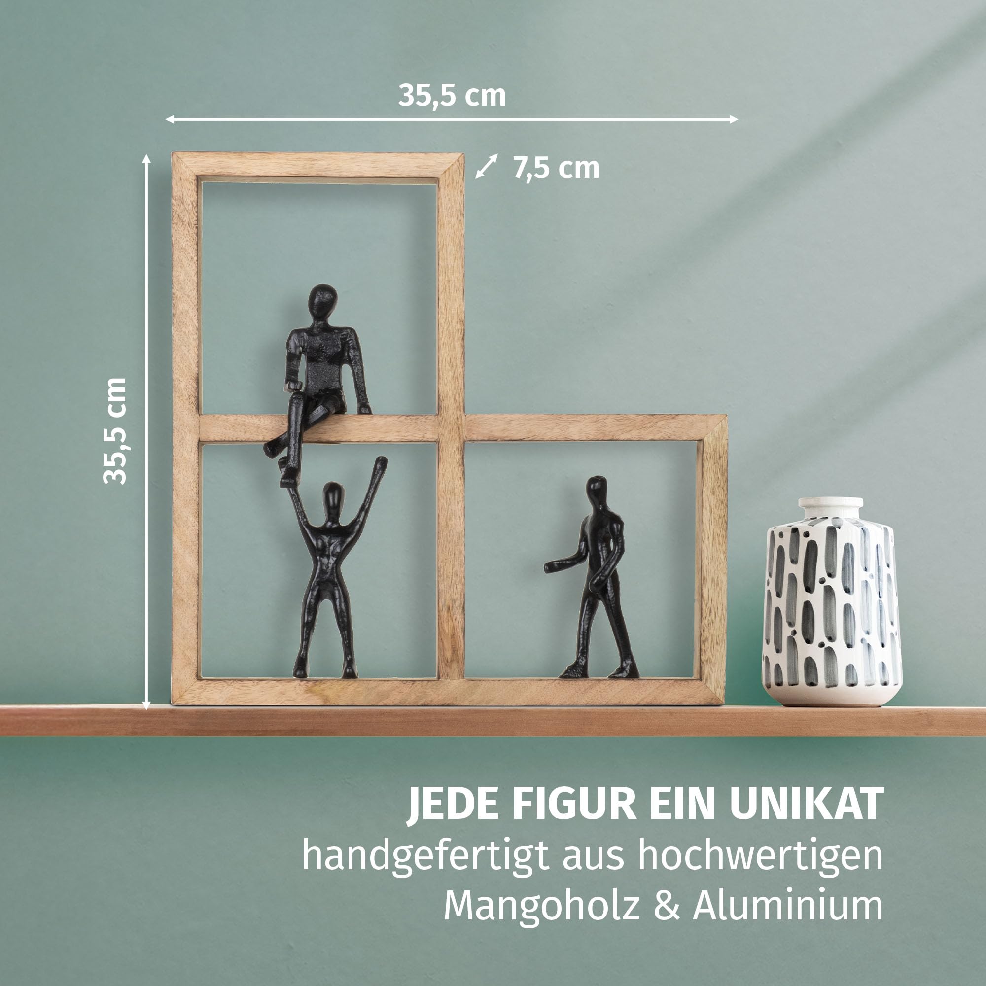 Moritz Figurka dekoracyjna Unity czarna, 35,5 cm z drewna mango i aluminium, nowoczesna dekoracja ścienna z trzema figurkami w drewnianej ramie, symbol spójności, praca zespołowa, wspólnota, rzeźba