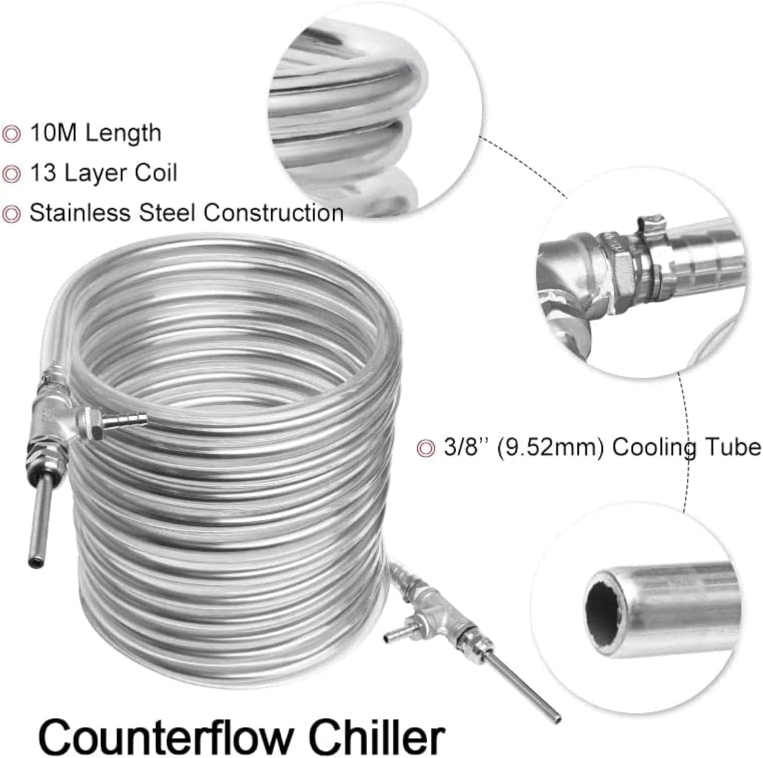 Counterflow Wort Chiller, 3/8'' x 10M Stainless Steel Cooling Tube Heat Exchanger Homebrew Beer Cooler Coil Tube
