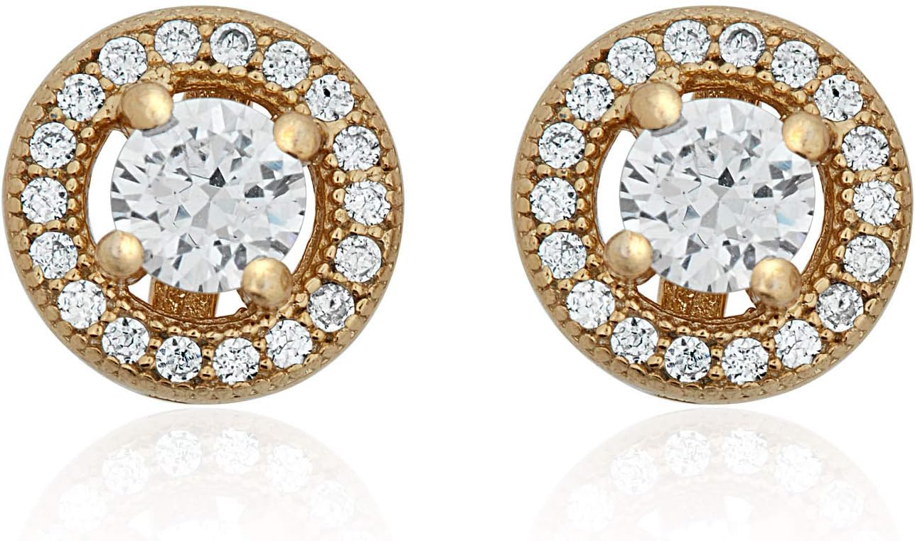 AVORA 925 Sterling Silver Simulated Diamond CZ Halo Pendant Necklace and Stud Earrings - White,Yellow and Rose
