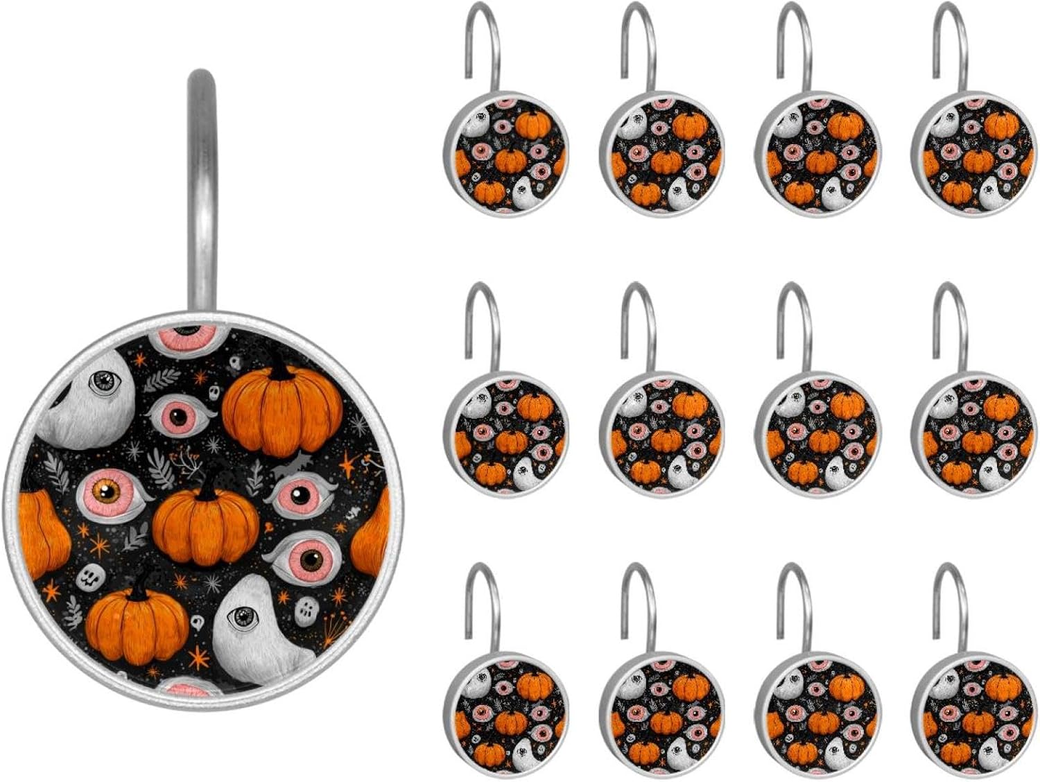 12 Pcs Round Shower Curtain Hooks Stainless Steel Decorative Hanger Rings for Bathroom Kitchen Bedroom Curtain Rods, Halloween (2)