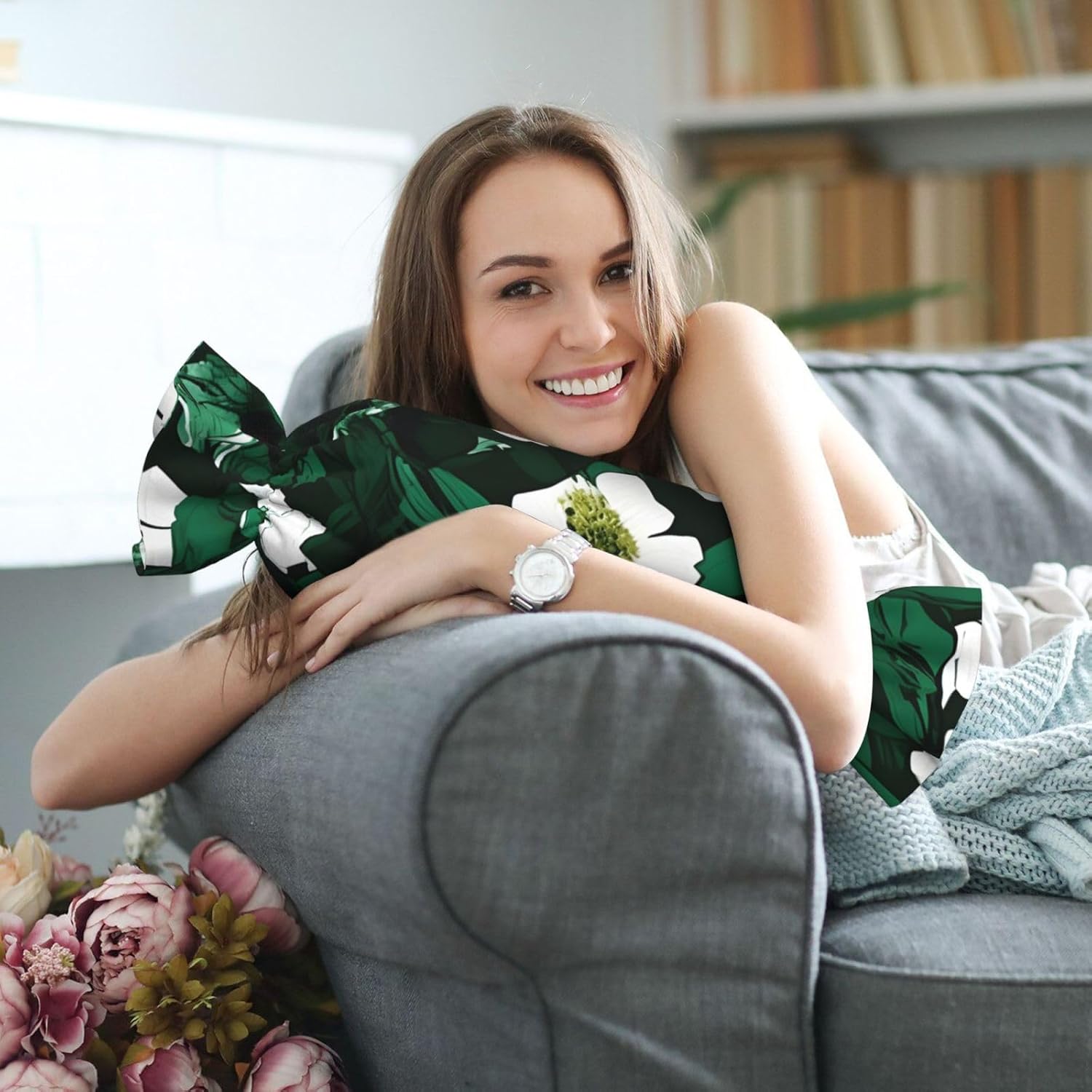 Hunter Green Floral Petals Pattern Print Candy Cylindrical Comfortable Pillow Throw Pillows Home Decor Easy Maintenance