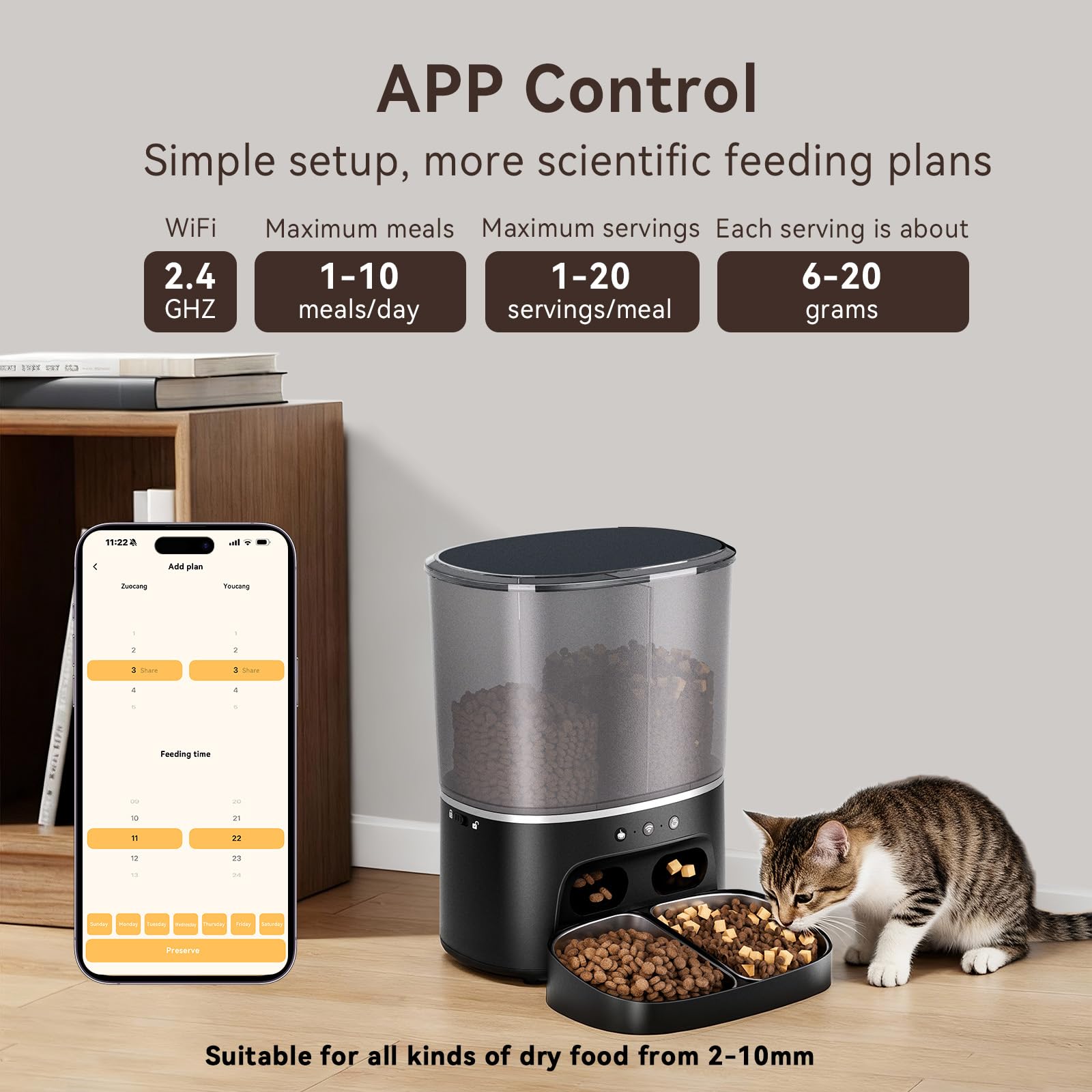 8L Distributeur Croquettes Chat Automatique 2 Bols, WiFi 2.4G, Commande APP, Minuterie Programmable, Gamelle Chat Automatique en Acier Inoxydable, 1-10 Repas par Jour pour Petits Chiens et Chats