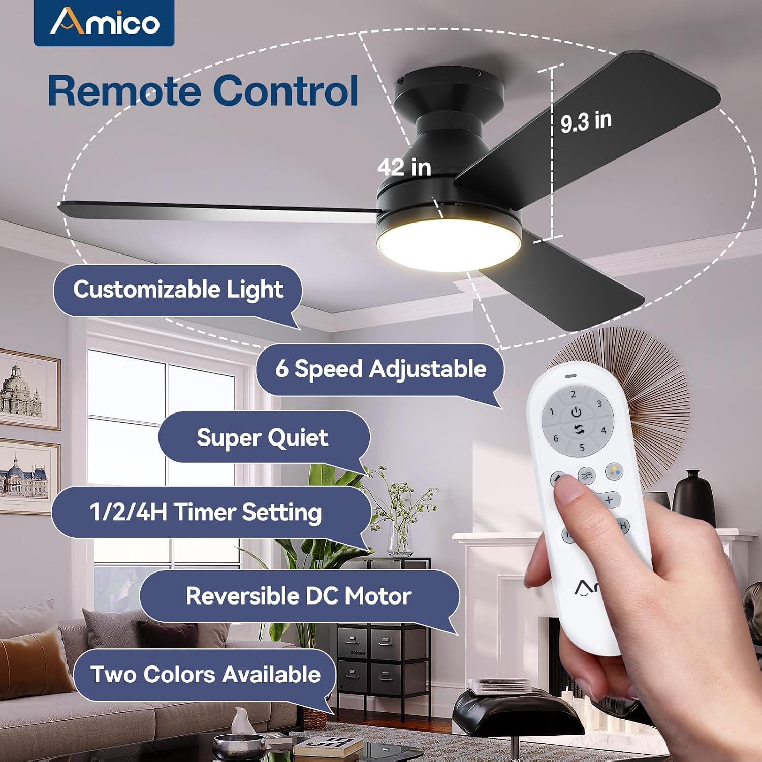 Amico Ceiling Fans with Lights, 42 inch Low Profile Ceiling fan with Light and Remote Control, Flush Mount, Reversible, 3CCT, Dimmable, Noiseless, Black Ceiling Fan for Bedroom, Indoor/Outdoor Use thumbnail