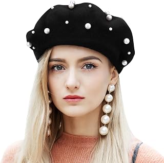BESTOYARDSHOME Black Pearl Wool French Beret Hat for Women - Elegant Cozy Cashmere-Lined Accessory for Fall Winter Travel