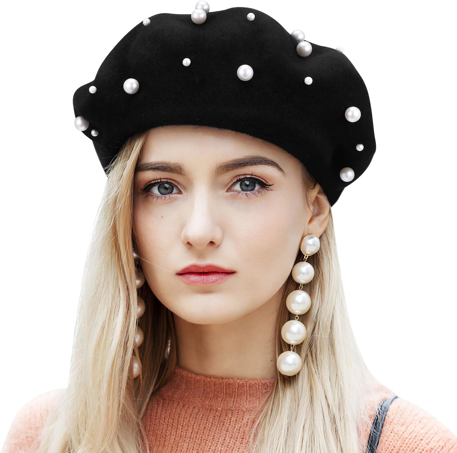 Black Beret Hats for Women Classic Pearl Wool French Beret Hat for Women Girls Elegant Fall Outfit Party Travel Winter Accessories