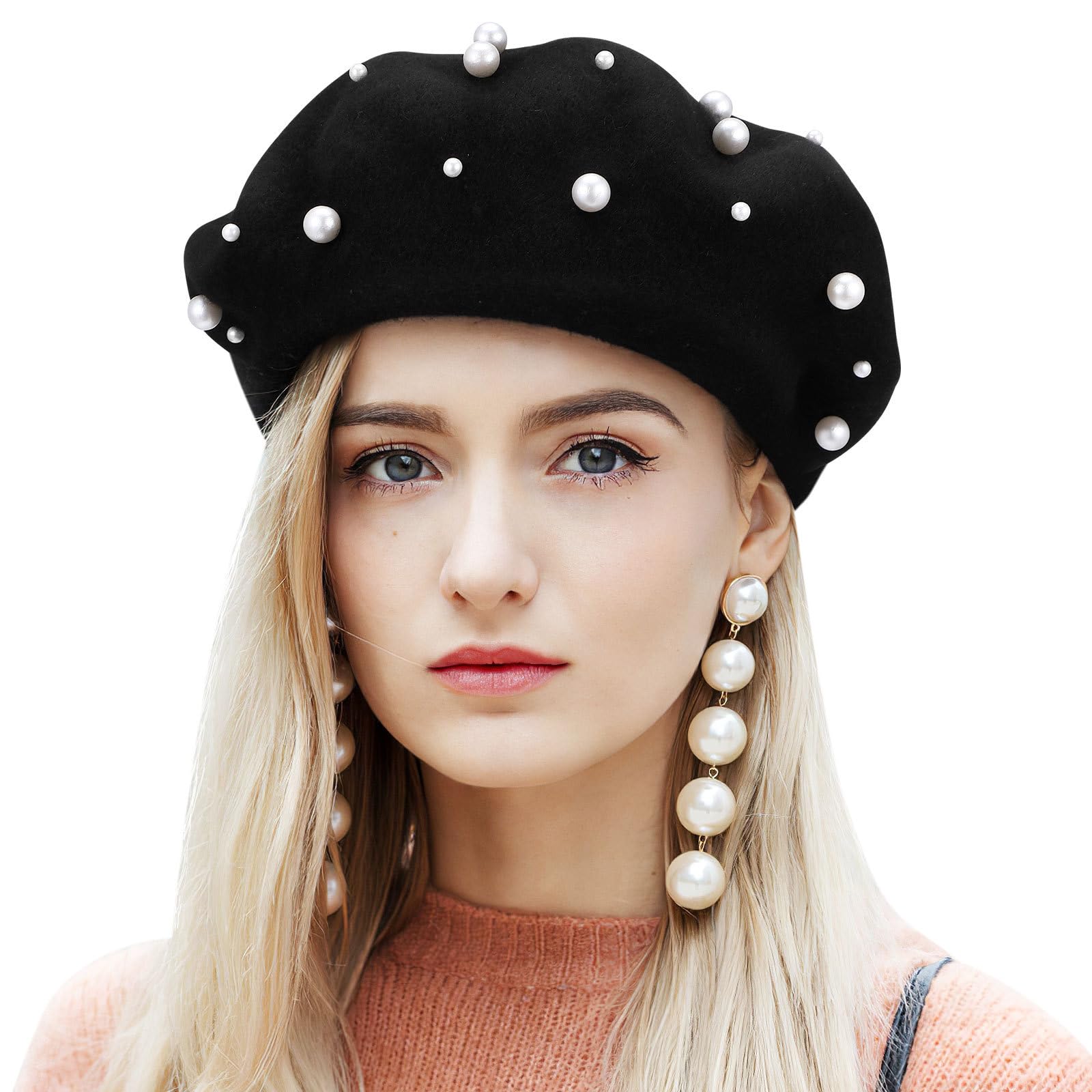 Luxury Starry Pearl Cashmere Beret for Women - Elegant Winter Accessory