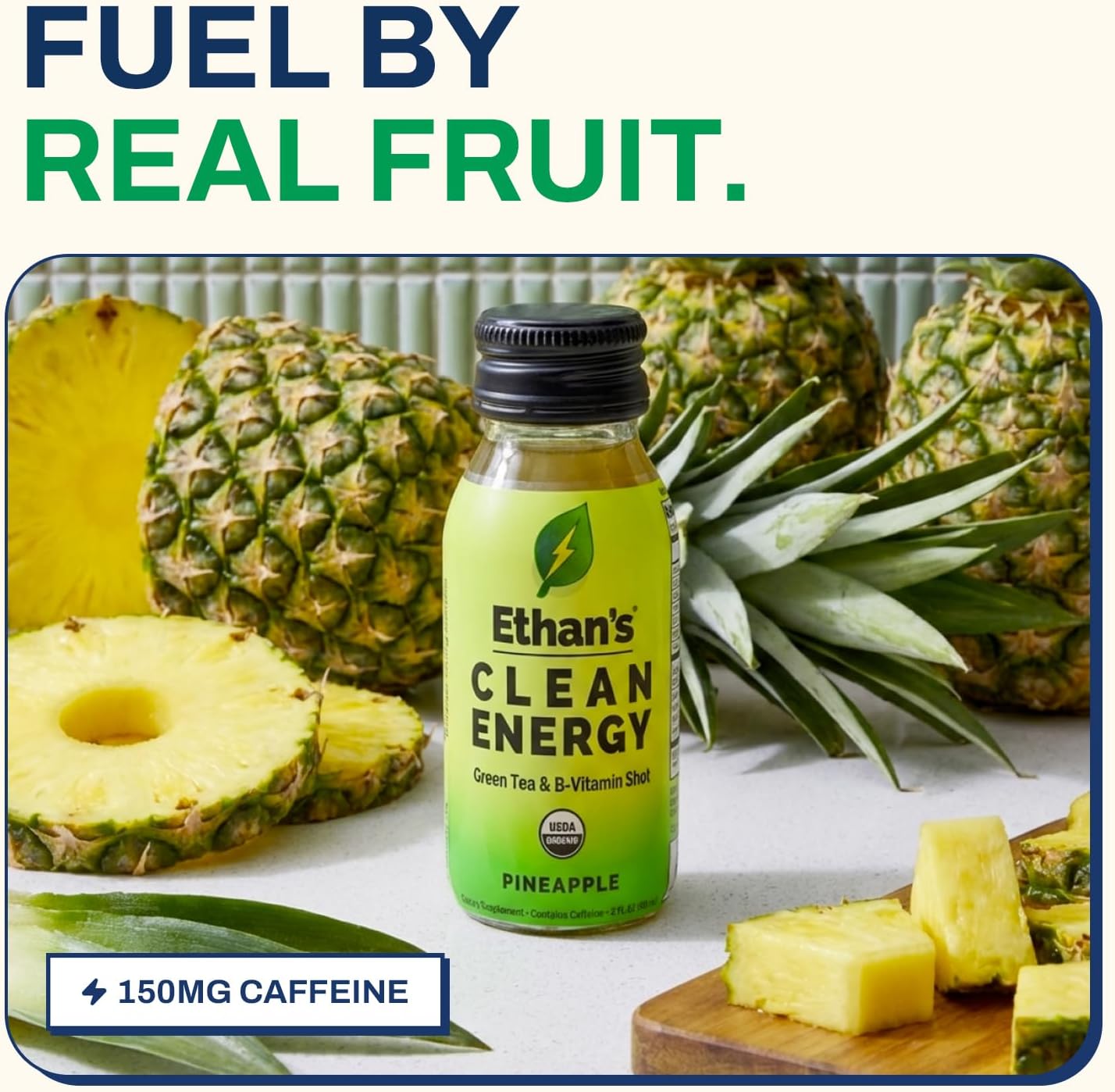 Ethan's Organic Clean Energy Shots Pineapple, 12 Pack of 2oz | 150mg Caffeine | Green Tea, Guayusa, Lion's Mane & Cordyceps | Sugar-Free, Vegan, Gluten-Free, USDA Organic