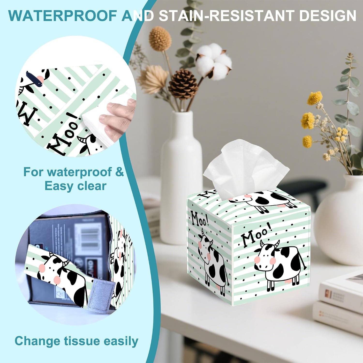 Cute Cow Tissue Box Cover Square,Green White Striped Leather Tissue Holder,Waterproof Leather Facial Paper Organizer Tissue Box Cover for Home Office Bathroom Vanity Countertop,5.2" x 5.2" x 5.2" image 4