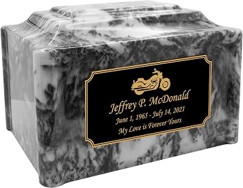 Motorcycle Themed Ebony Cultured Marble Cremation Urn Vault Combo - Personalized with Nameplate - 210 Cubic Inch Capacity - Suitable for Ground Burial or Home Memorial