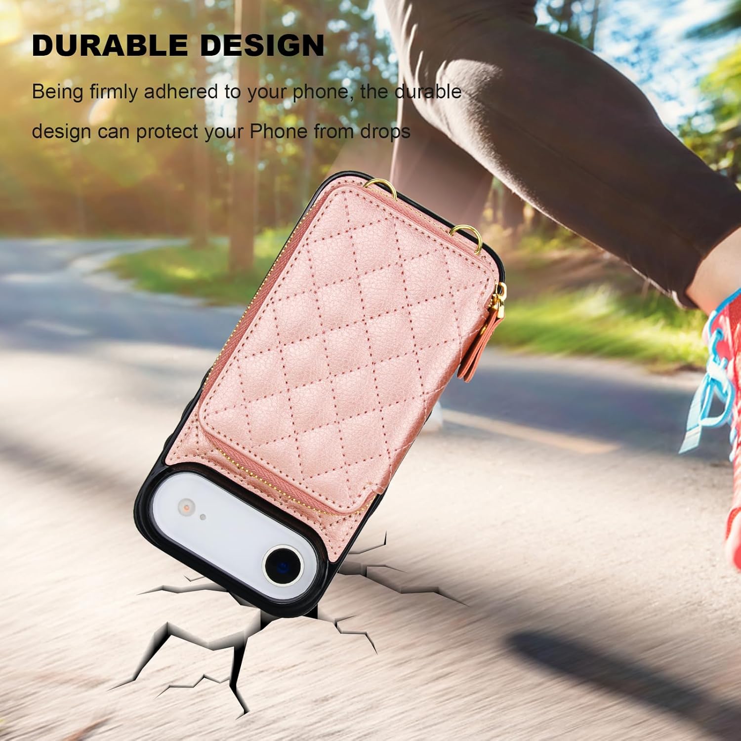 Bocasal Crossbody Wallet Case for iPhone 17 Air, RFID Blocking PU Leather Zipper Handbag Purse Flip Cover, Kickstand Folio Case with Card Slots Holder Wrist Strap Lanyard 5G 6.5 Inch (Rose Gold)