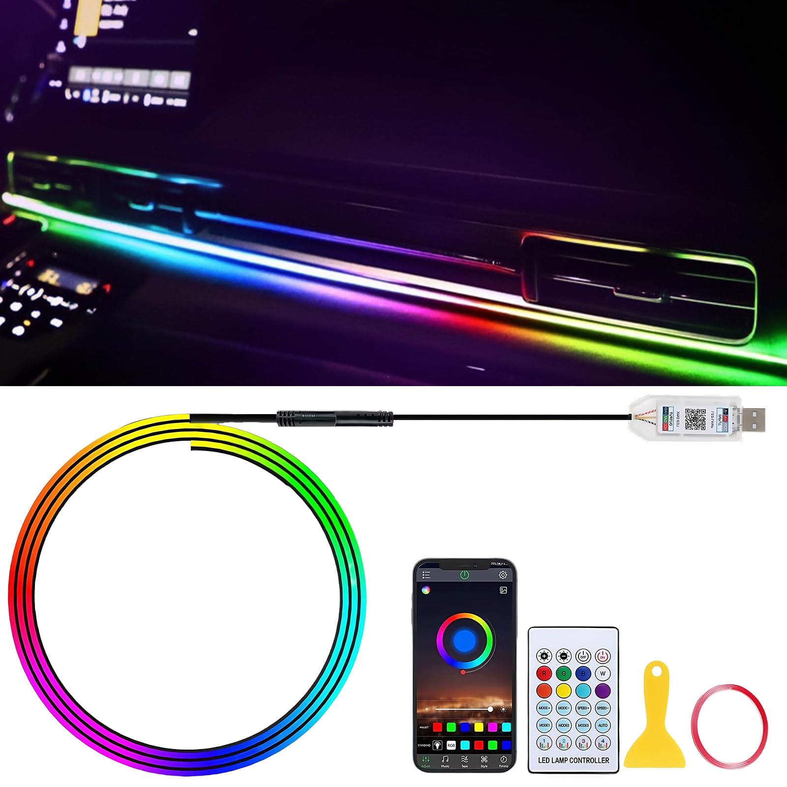 110CM LED Coche, Lluminación Led para Interior de Coche con USB, Car Ambient Lights 210 modos intermitentes, 16 Millones de Colores de DIY con Modo de Escena y Música