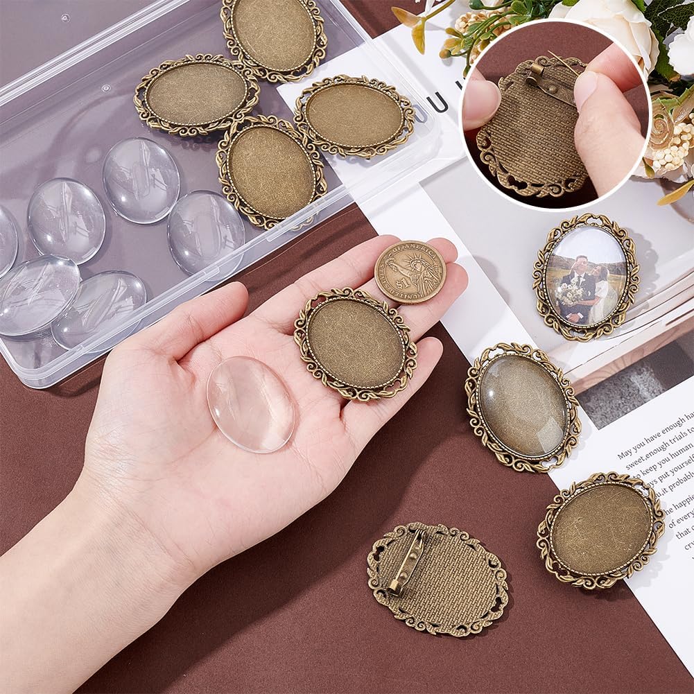 PH PandaHall 10Sets Cabochon Brooch Oval Blank Bezel Tray with Glass Cabochons 51x40mm Large Vintage Brooch Pins Cabochon Antique Bronze Frame Photo Pins Base for Wedding Christmas Jewelry Making - Image 3
