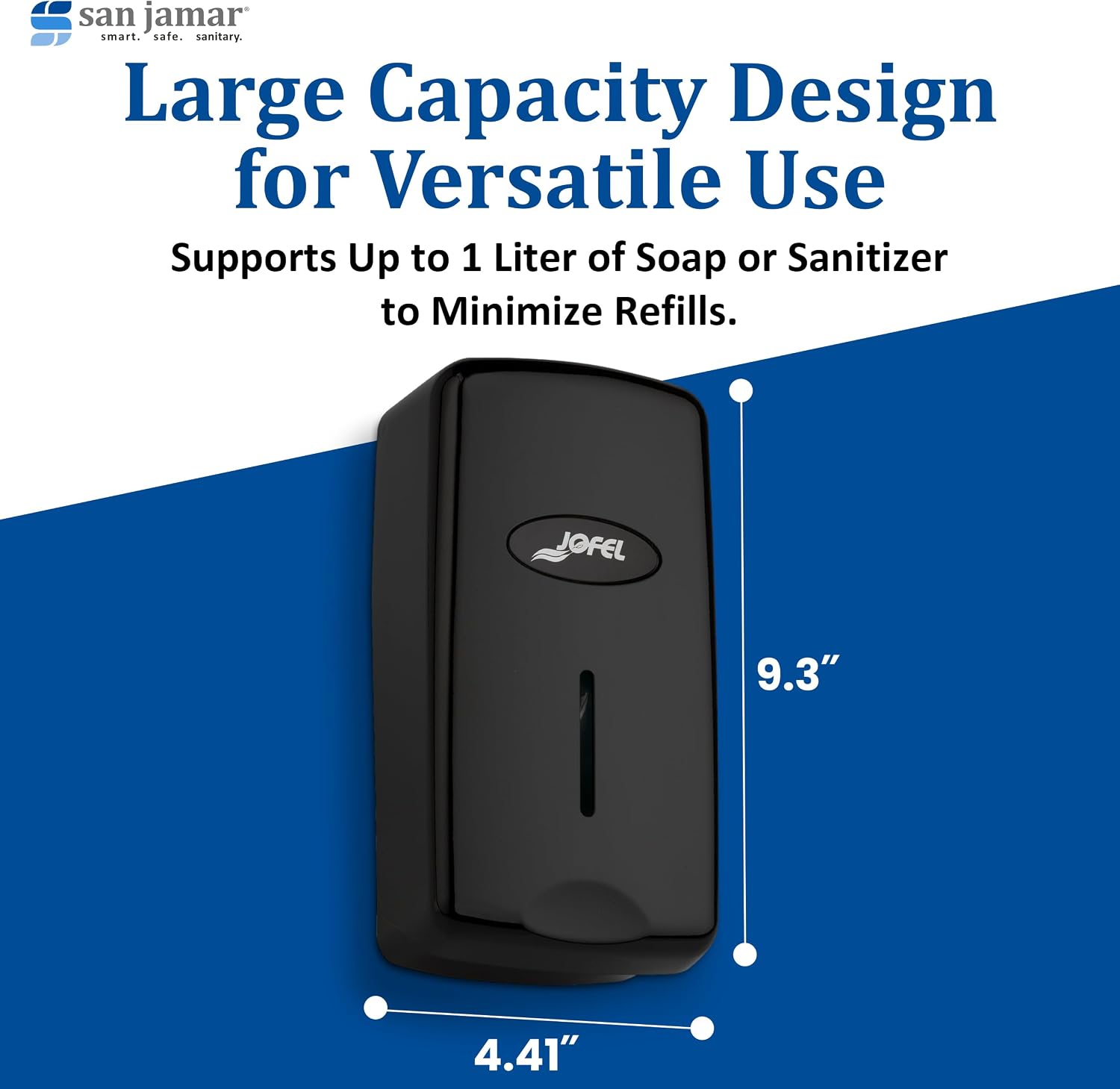 San Jamar Jofel Valor Plastic Soap Dispenser, Hand Sanitizer Dispenser with Modern Design for Home, Bathroom, Kitchen, Restooms, Restaurants, 1 Liter, Black
