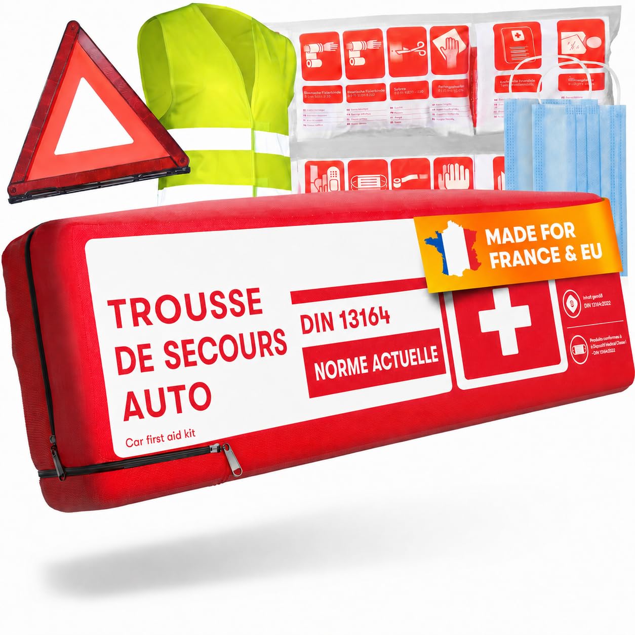 3-en-1 Kit Securite Voiture - Avec Triangle Voiture, Gilet Jaune et Trousse Premier Secours - Conforme Norme DIN 13164 - Triangle de Signalisation Voiture - Triangle et Gilet Jaune pour Voiture