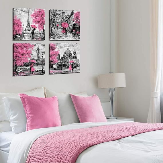4 Panel Pink Wall Art Abstract Romance Pairs Pictures for Bedroom Walls Watercolor Cherry Blossom Tree Wall Painting Modern Black and White City Poster Canvas Prints Artwork Home Decoration 30x30cm